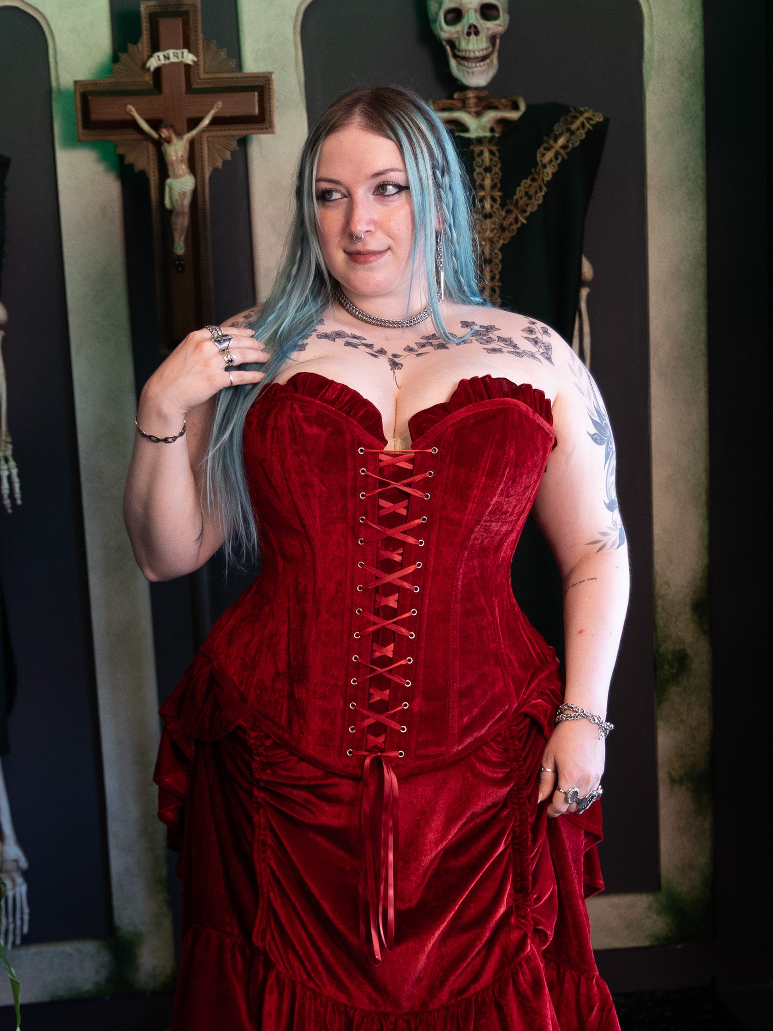 Red Velvet Ruffle Corset Top | The Ossuary of Salem
