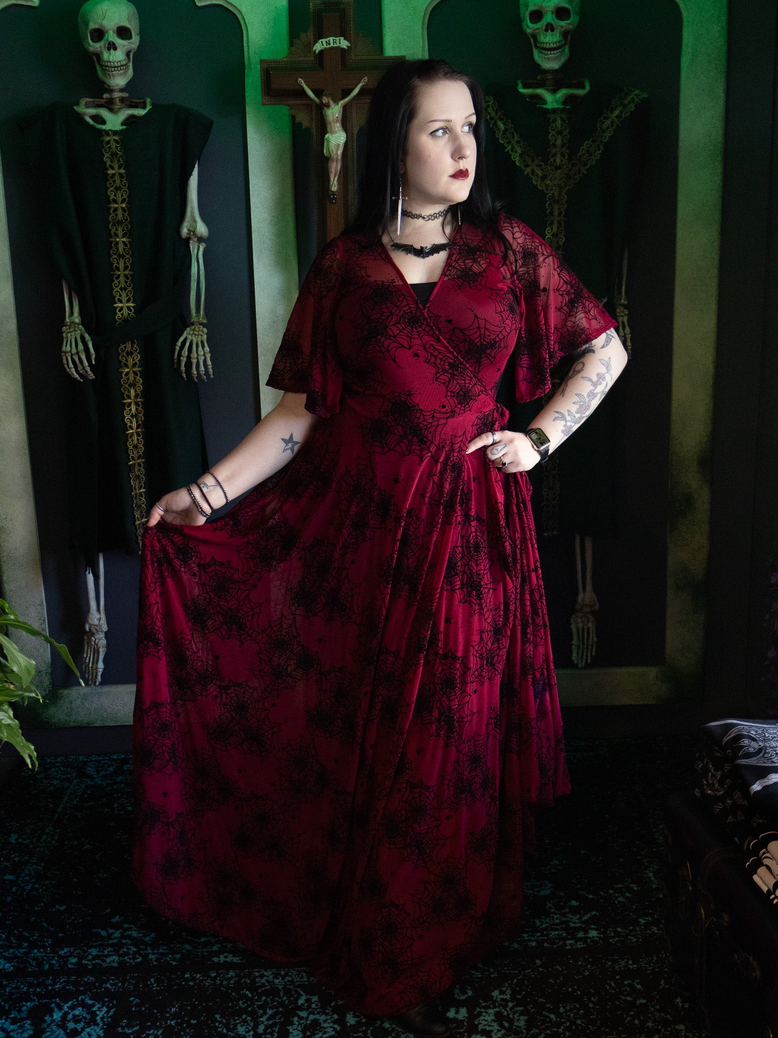 Oxblood Lydia Spiderweb Mesh Wrap Dress | The Ossuary of Salem