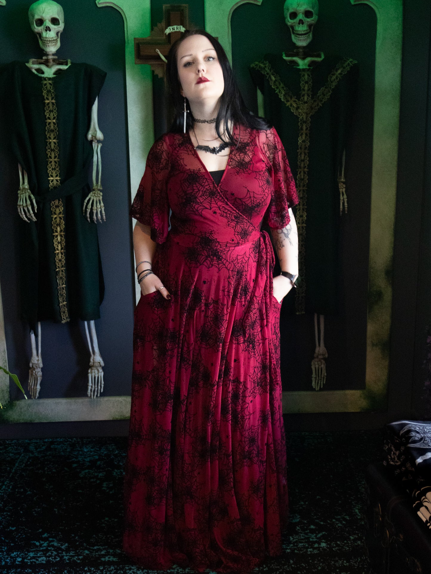 Oxblood Lydia Spiderweb Mesh Wrap Dress