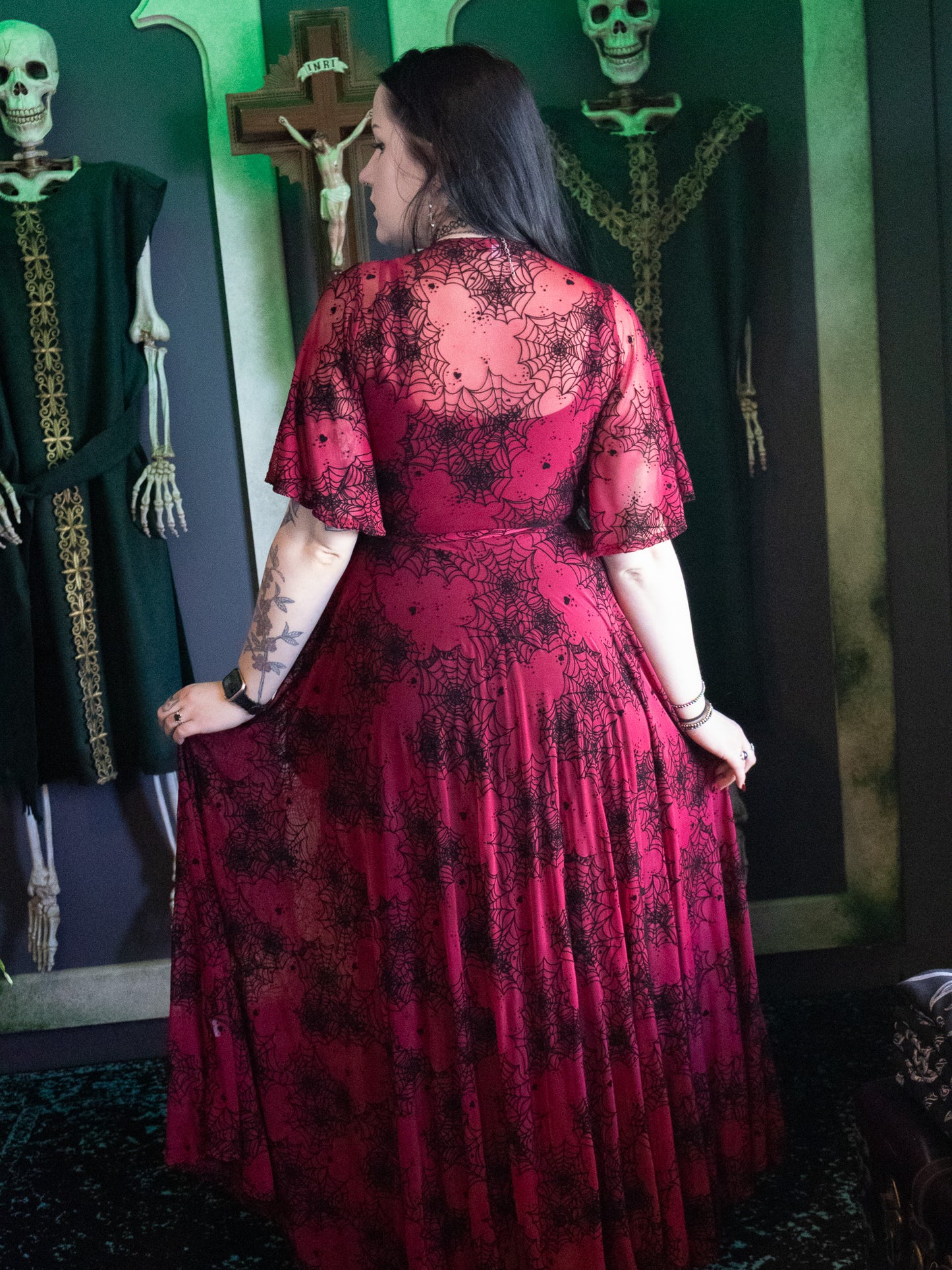 Oxblood Lydia Spiderweb Mesh Wrap Dress
