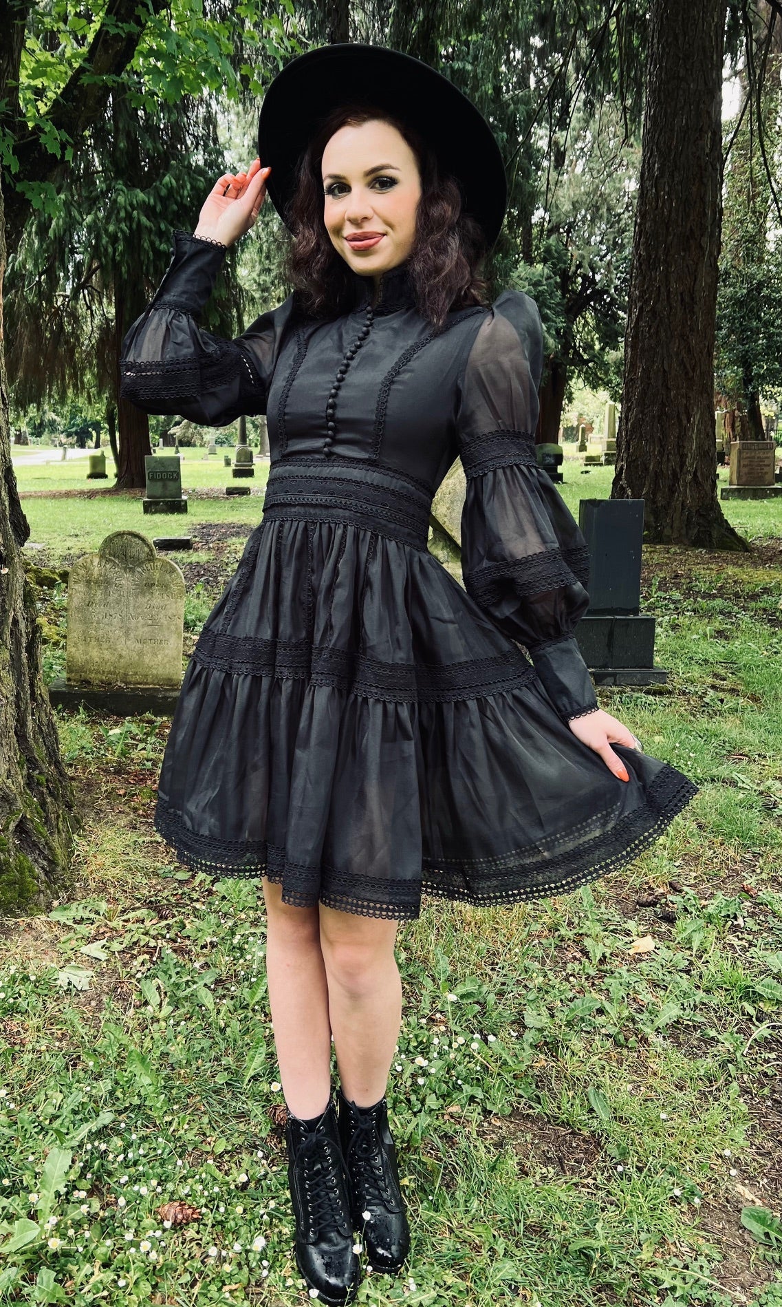 romantic party dress Morgana - Victorian Inspired - BLACK or custom Kaylie Printed Tie Front Size:Juniors - J21 Junior Lined Dress