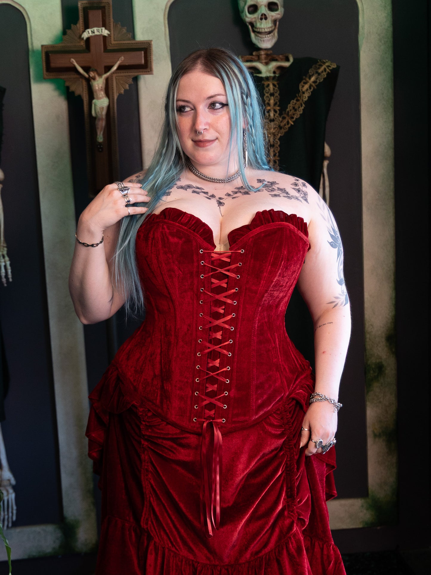 Ellen Red Velvet Ruffle Corset Top