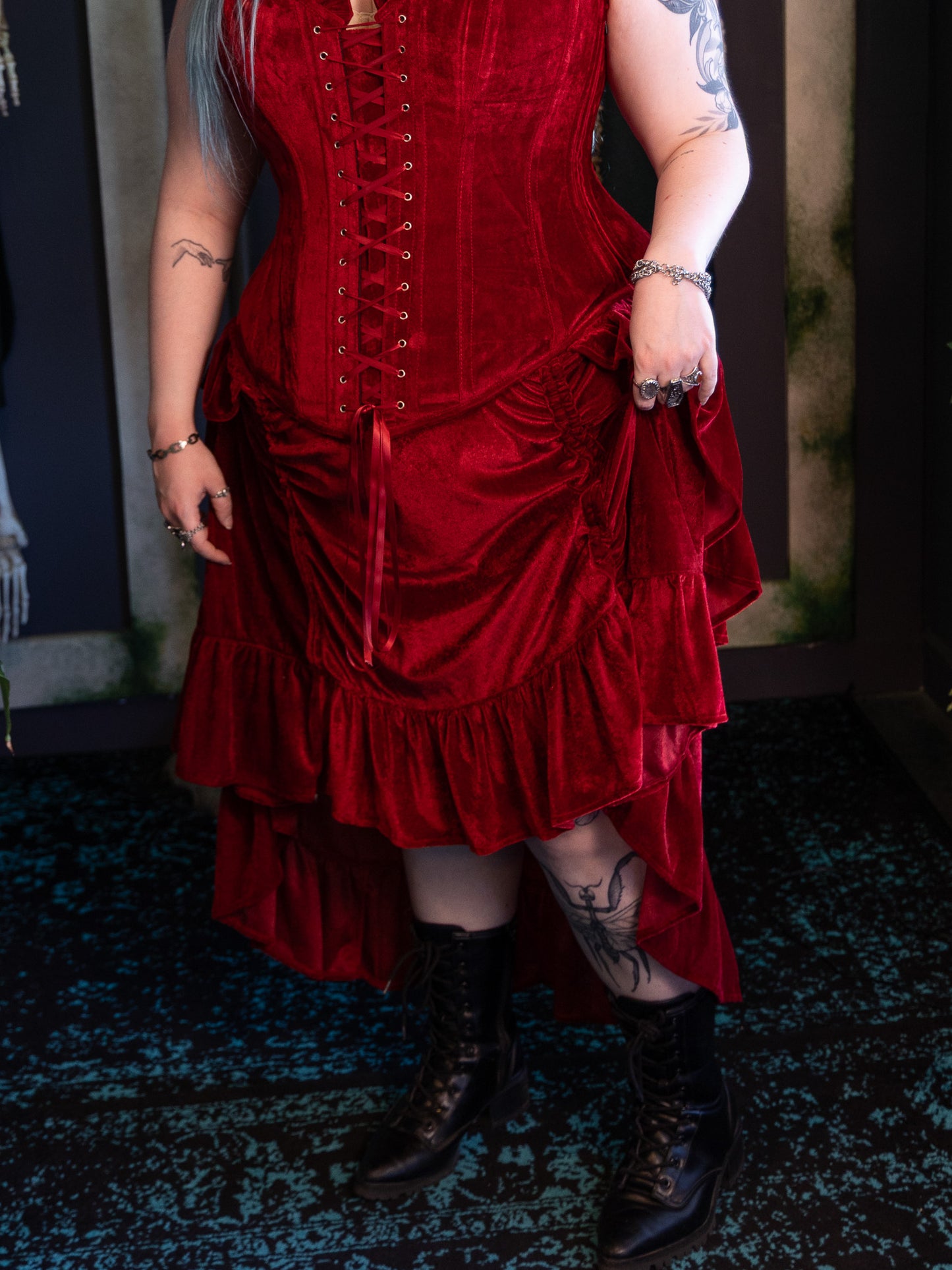 Stefania Red Velvet Ruffle Adjustable Skirt