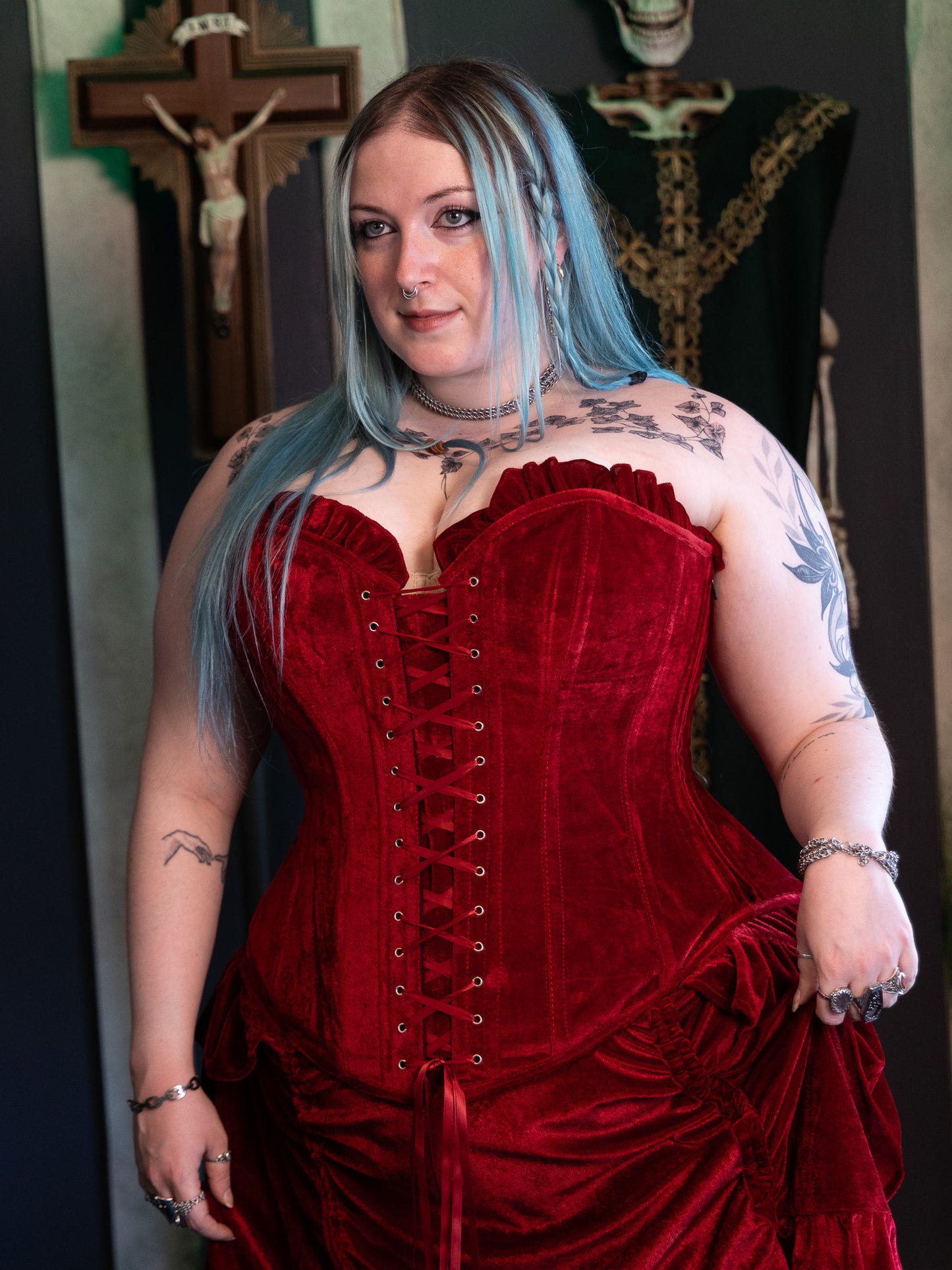 Ellen Red Velvet Ruffle Corset Top