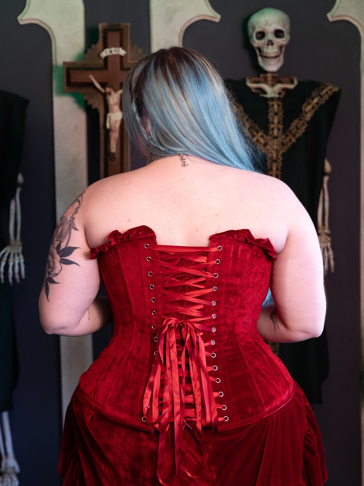 Ellen Red Velvet Ruffle Corset Top